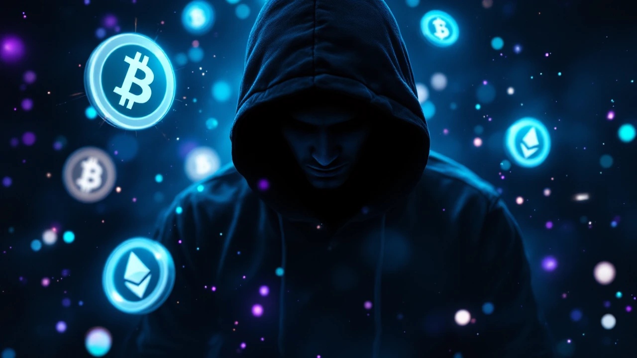 Anonymous hooded silhouette with floating Bitcoin and USDT crypto coins representing private VPN payment