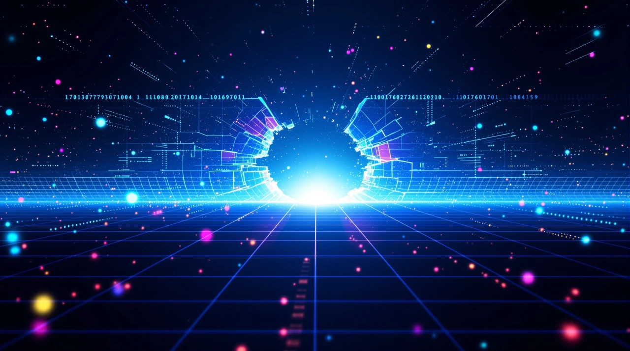 Glowing digital firewall breaking apart into cyan and violet particles, symbolising bypassing internet censorship in 2026