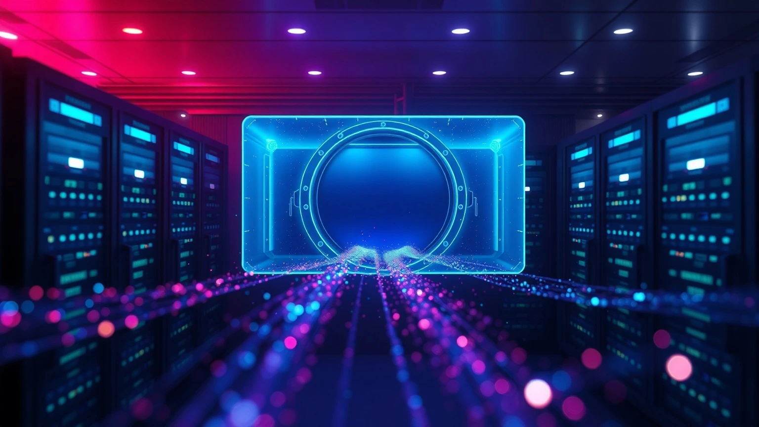 Glowing translucent vault of cyan and violet light hovering above servers, with data streams dissolving as they pass through — symbol of a true no-logs VPN