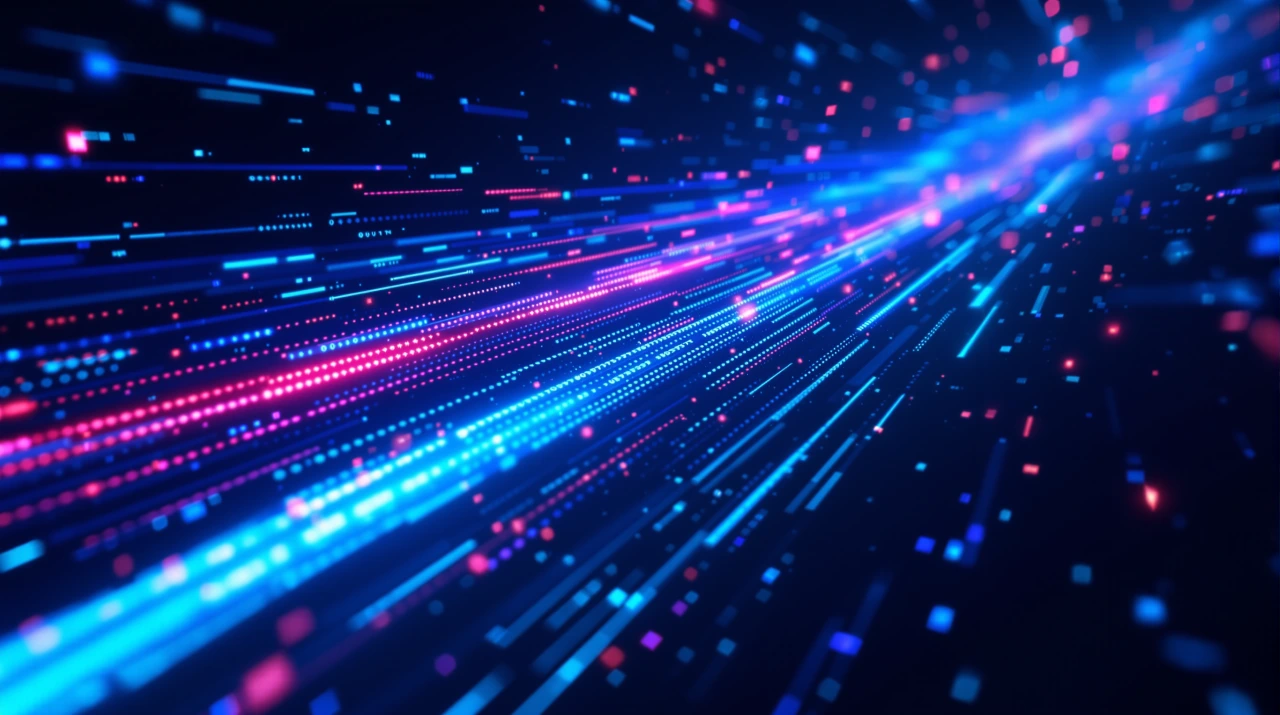 Cyan and violet streams of network packets flowing at high speed with one congested red stream, illustrating slow VPN diagnosis in 2026