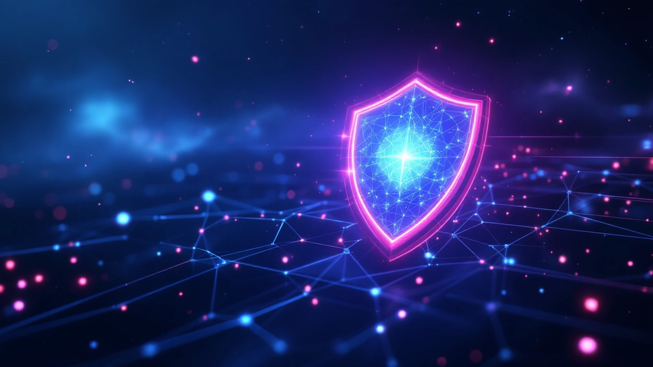 VLESS protocol illustrated as a glowing cyan and violet cybersecurity shield